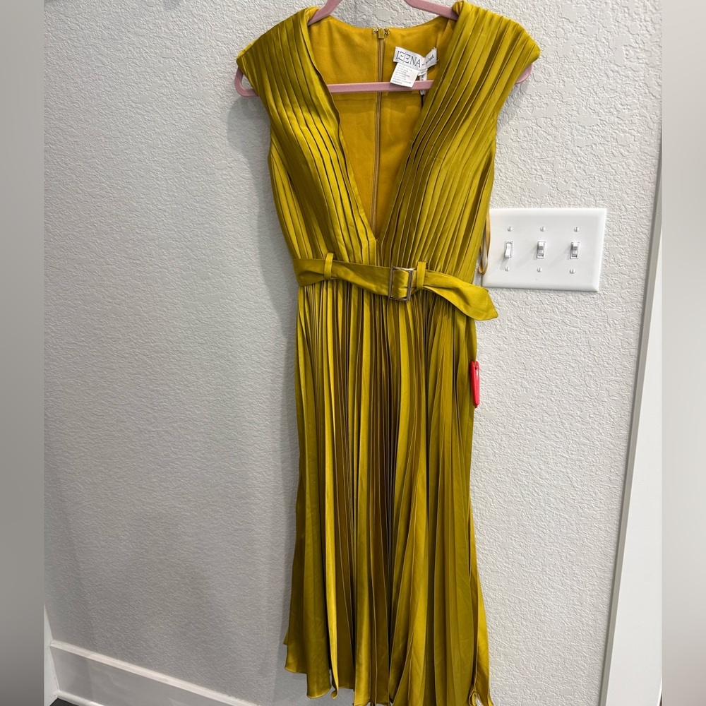 Mac Duggal Chartruese V-Neck cap sleeve Pleated Belted A-Line Midi Dress NWT sz0